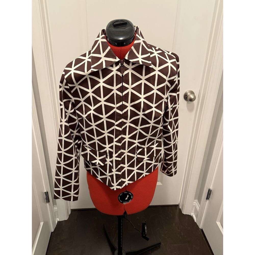 Transitions Brown White Geometric Zip Jacket Mod Retro Long Sleeve Womens M